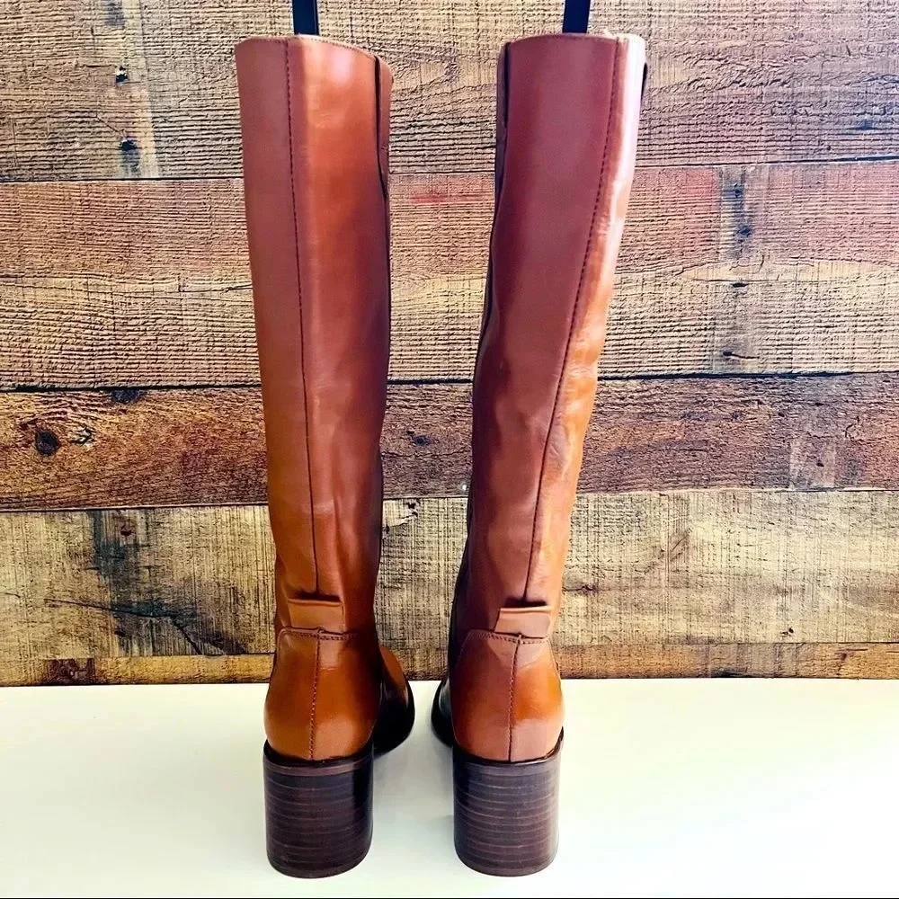 NWOT Zara Cognac Leather Block Heel Knee High Boots